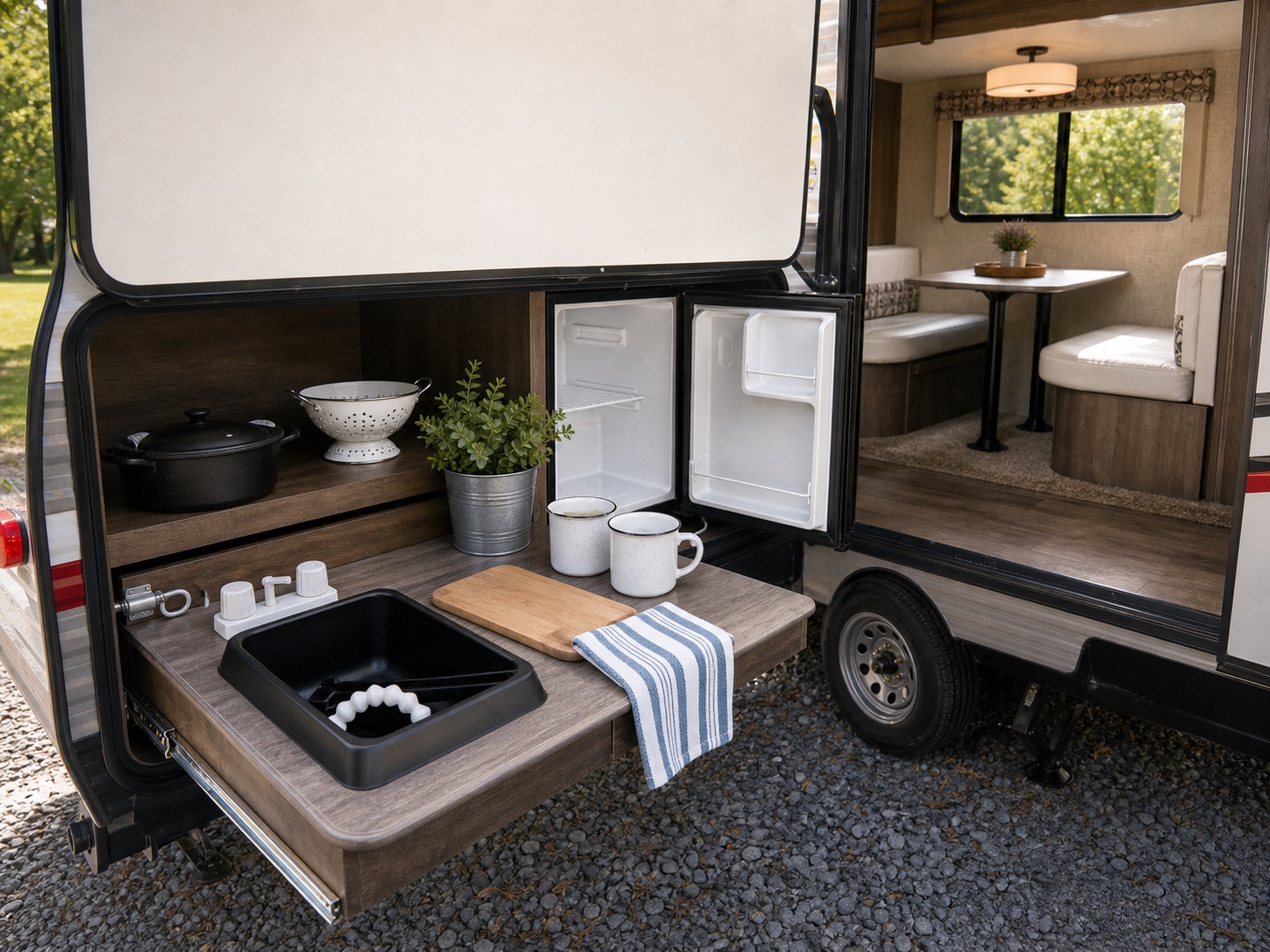 Staged Coleman Light outdoor kitchen with clean counter, sink, and simple cookware