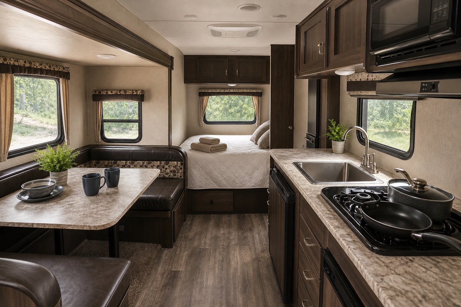 Staged Coleman Light interior with clean dinette, kitchen, and guest-ready bedding