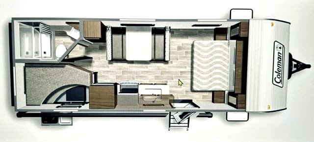 Overhead RV rental floor plan: rear bathroom, dinette, kitchen, bunk beds, and front master bedroom.