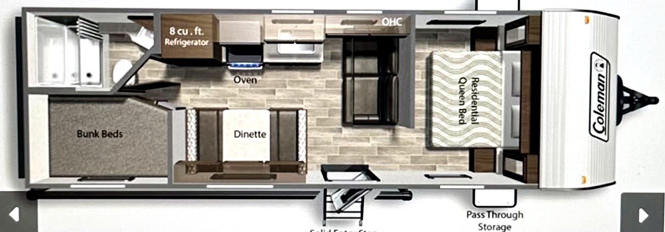 Coleman RV rental floor plan: Travel trailer interior with bunk beds, queen bed, kitchen, dinette, and bath.