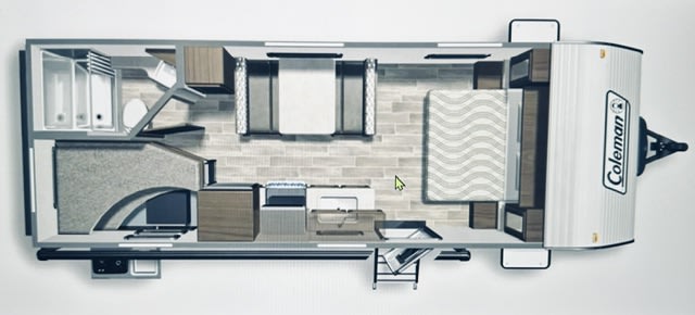 Overhead RV rental floor plan: rear bathroom, dinette, kitchen, bunk beds, and front master bedroom.