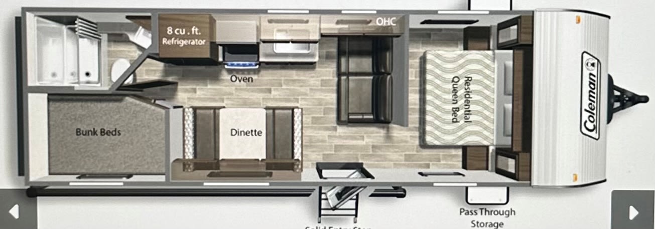 Coleman RV rental floor plan: Travel trailer interior with bunk beds, queen bed, kitchen, dinette, and bath.